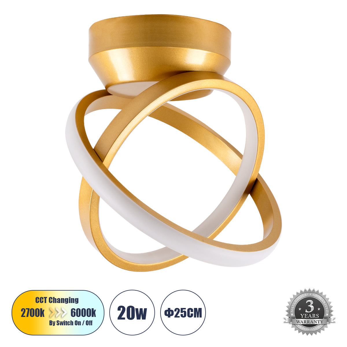 AMELIA 61054 Μοντέρνο Φωτιστικό Οροφής LED 20W 2400lm 300° AC 220-240V IP20 Ρυθμιζόμενο Λευκό CCT με On/Off 2700K/4500K/6000K - Lumileds SMD Chip - Χρυσό Βούρτσας - Μ24.5 x Π16 x Υ25