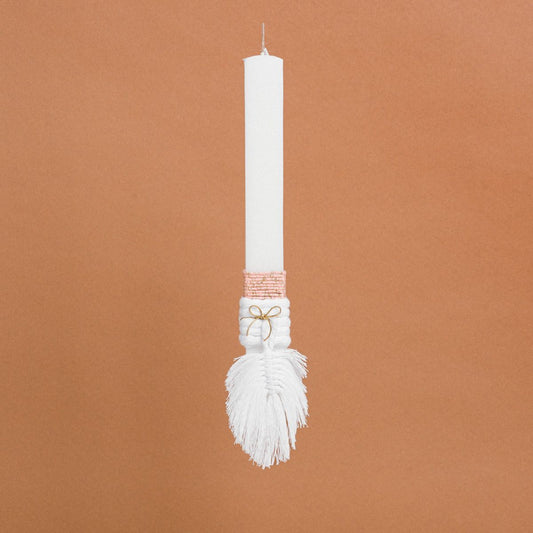 Λαμπάδα Στολισμένη Μακραμέ Φύλλο Λευκό σε Συσκευασία Δώρου