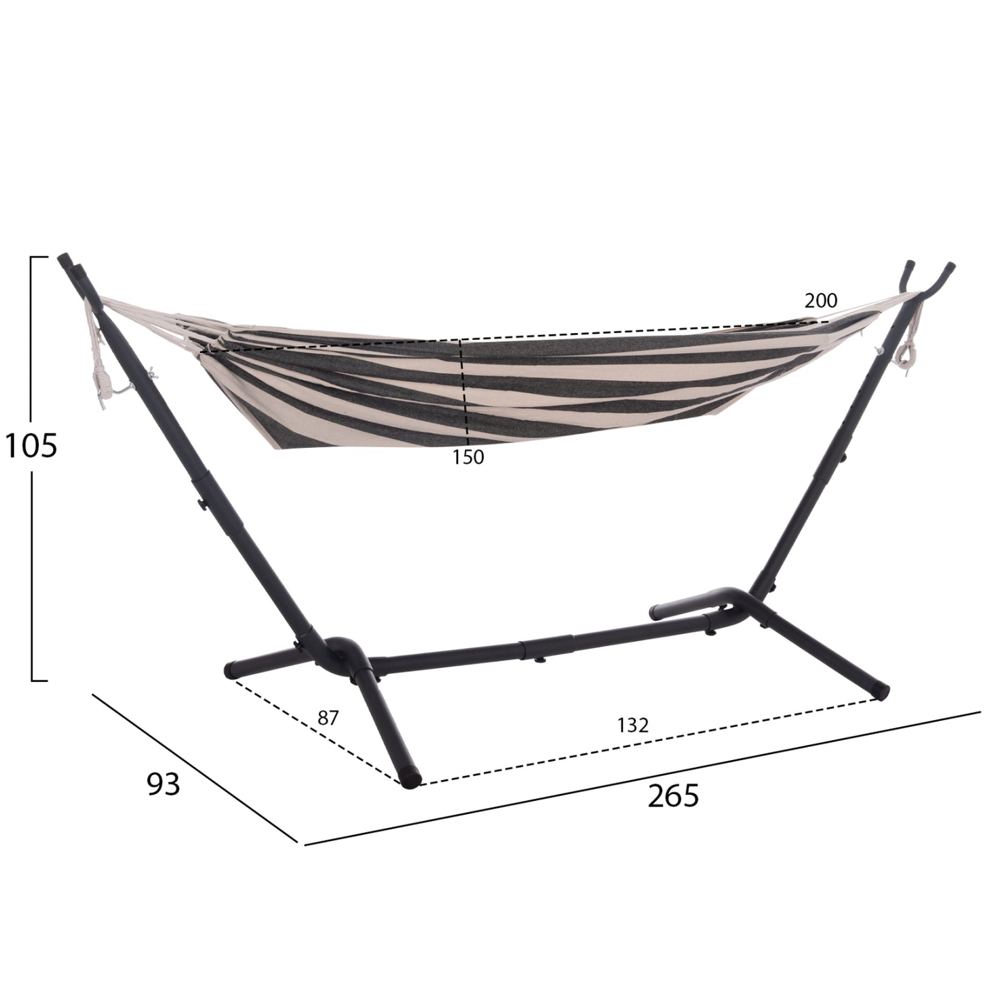 HAMMOCK CRAVE CHARCOAL METAL FRAME DARK BLUE FABRIC WITH WHITE STRIPE 265x93x105