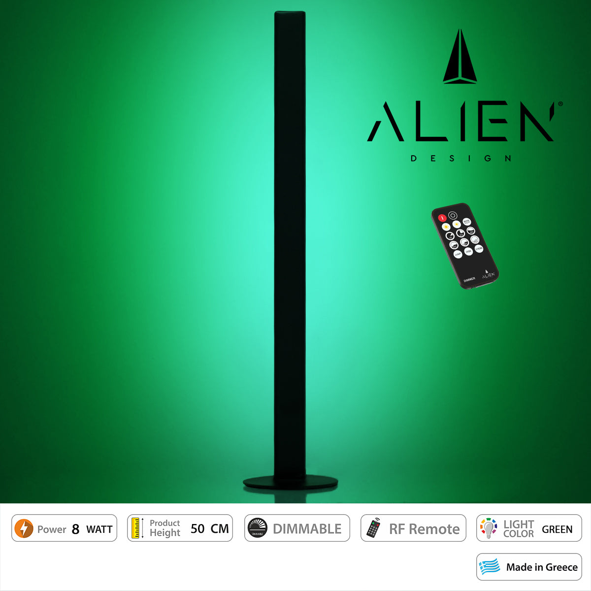 ALIEN-DIVA-BLACK-50-5 ALIEN Design DIVA Μοντέρνο Minimal Nordic Μεταλλικό Φωτιστικό Επιτραπέζιο - Πορτατίφ - Λαμπατέρ Μαύρο LED 8W 800lm με Ασύρματο Χειριστήριο RF & Dimmer IP20 Πράσινο Μ3 x Π1.6 x Υ50cm
