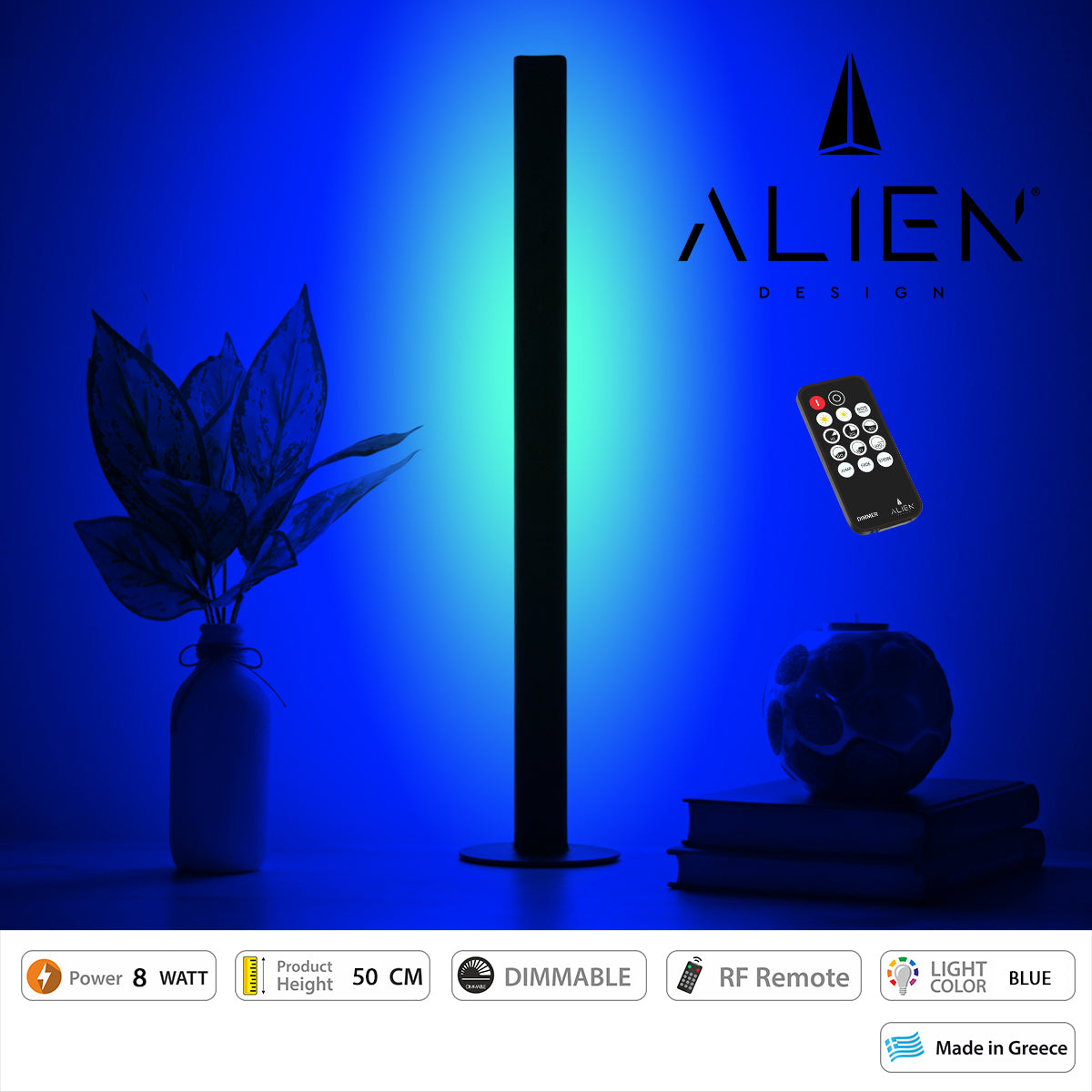 ALIEN-DIVA-BLACK-50-6 ALIEN Design DIVA Μοντέρνο Minimal Nordic Μεταλλικό Φωτιστικό Επιτραπέζιο - Πορτατίφ - Λαμπατέρ Μαύρο LED 8W 800lm με Ασύρματο Χειριστήριο RF & Dimmer IP20 Μπλε Μ3 x Π1.6 x Υ50cm
