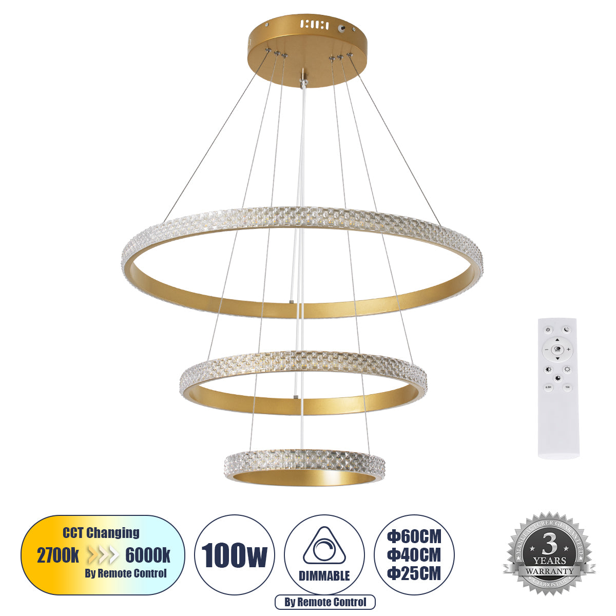 DIAMOND TRIO 61137 Μοντέρνο Κρεμαστό Φωτιστικό Οροφής LED 100W 12123lm 360° AC 220-240V IP20 Ρυθμιζόμενο Λευκό CCT με Χειριστήριο από 2700K έως 6000K Dimmable - Lumileds SMD Chip - Χρυσό Βούρτσας - Μ60 x Π60 x Υ60