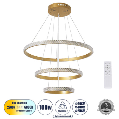 DIAMOND TRIO 61137 Μοντέρνο Κρεμαστό Φωτιστικό Οροφής LED 100W 12123lm 360° AC 220-240V IP20 Ρυθμιζόμενο Λευκό CCT με Χειριστήριο από 2700K έως 6000K Dimmable - Lumileds SMD Chip - Χρυσό Βούρτσας - Μ60 x Π60 x Υ60