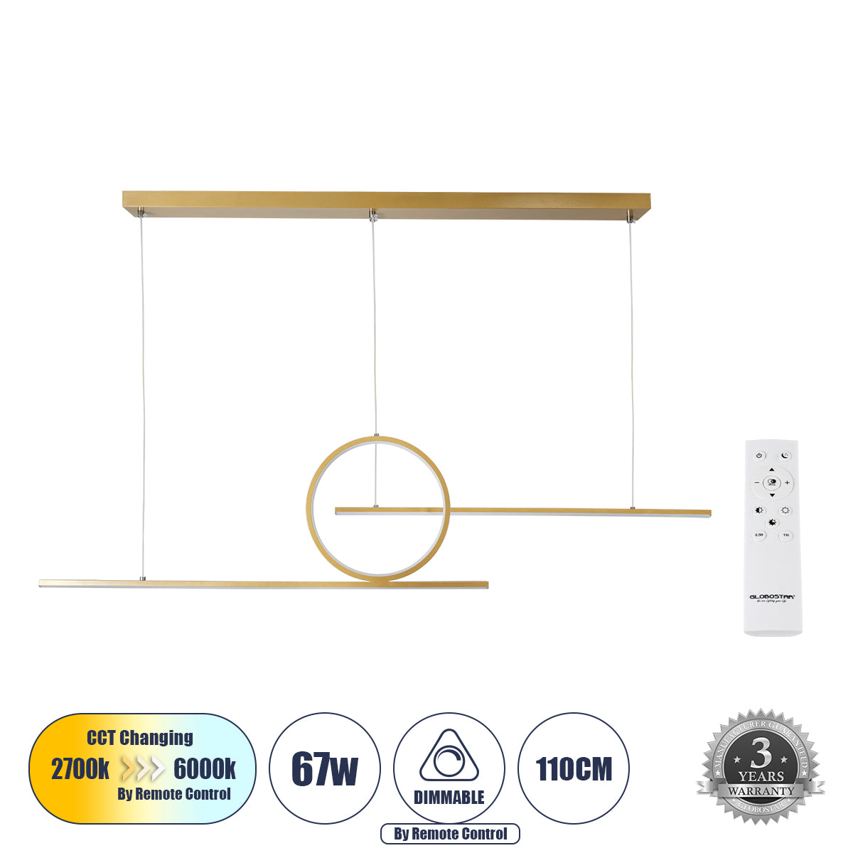 TEREZA 61289 Κρεμαστό Φωτιστικό Οροφής Design LED CCT 67W 7504lm 300° AC 220-240V - Εναλλαγή Φωτισμού μέσω Τηλεχειριστηρίου All In One Ψυχρό 6000k+Φυσικό 4500k+Θερμό 2700k Dimmable Μ110 x Π4.5 x Υ34cm - Χρυσό Πλατίνα