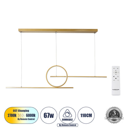 TEREZA 61289 Κρεμαστό Φωτιστικό Οροφής Design LED CCT 67W 7504lm 300° AC 220-240V - Εναλλαγή Φωτισμού μέσω Τηλεχειριστηρίου All In One Ψυχρό 6000k+Φυσικό 4500k+Θερμό 2700k Dimmable Μ110 x Π4.5 x Υ34cm - Χρυσό Πλατίνα