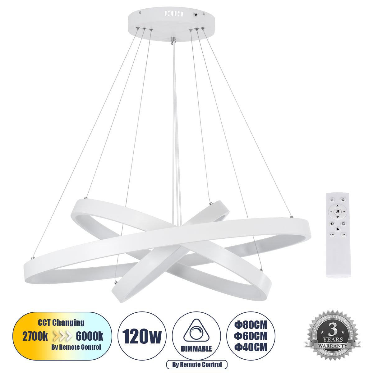 NEMESIS TRIO 61171-DECO Κρεμαστό Φωτιστικό Δαχτυλίδι-Κύκλος LED CCT 120W 14723lm 360° AC 220-240V - Εναλλαγή Φωτισμού μέσω Τηλεχειριστηρίου All In One Ψυχρό 6000k+Φυσικό 4500k+Θερμό 2700k Dimmable Φ40+60+80cm - Λευκό