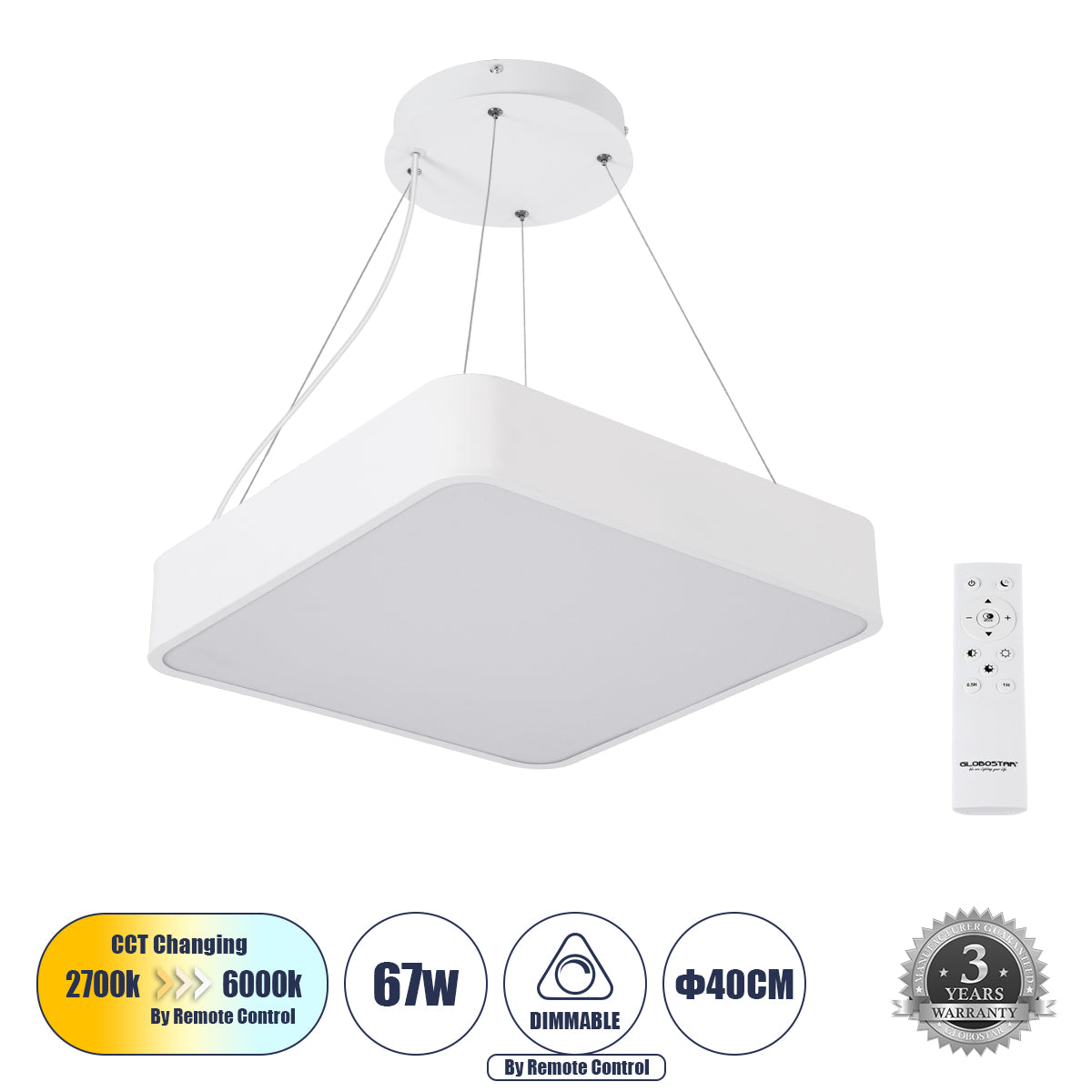 KAMALA 61207-P Κρεμαστή Πλαφονιέρα Οροφής LED CCT 67W 7370lm 120° AC 220-240V - Εναλλαγή Φωτισμού μέσω Τηλεχειριστηρίου All In One Ψυχρό 6000k+Φυσικό 4500k+Θερμό 2700k Dimmable Μ40 x Π40 x Υ8cm - Λευκό