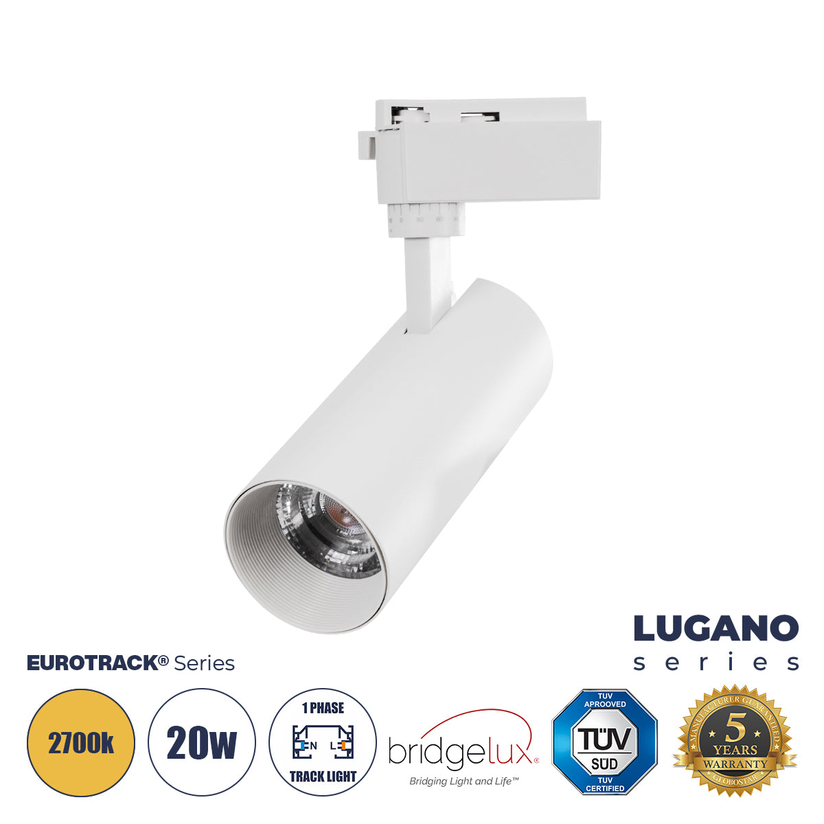 LUGANO 60808 Μονοφασικό Φωτιστικό Σποτ Ράγας LED 20W 2400lm 36° Acrylic HQ LENS AC 220-240V IP20 Φ6.5 x Υ22cm Θερμό Λευκό 2700K - EUROTRACK® System 1L+1N - Λευκό - Bridgelux Chip - TÜV Certified Driver