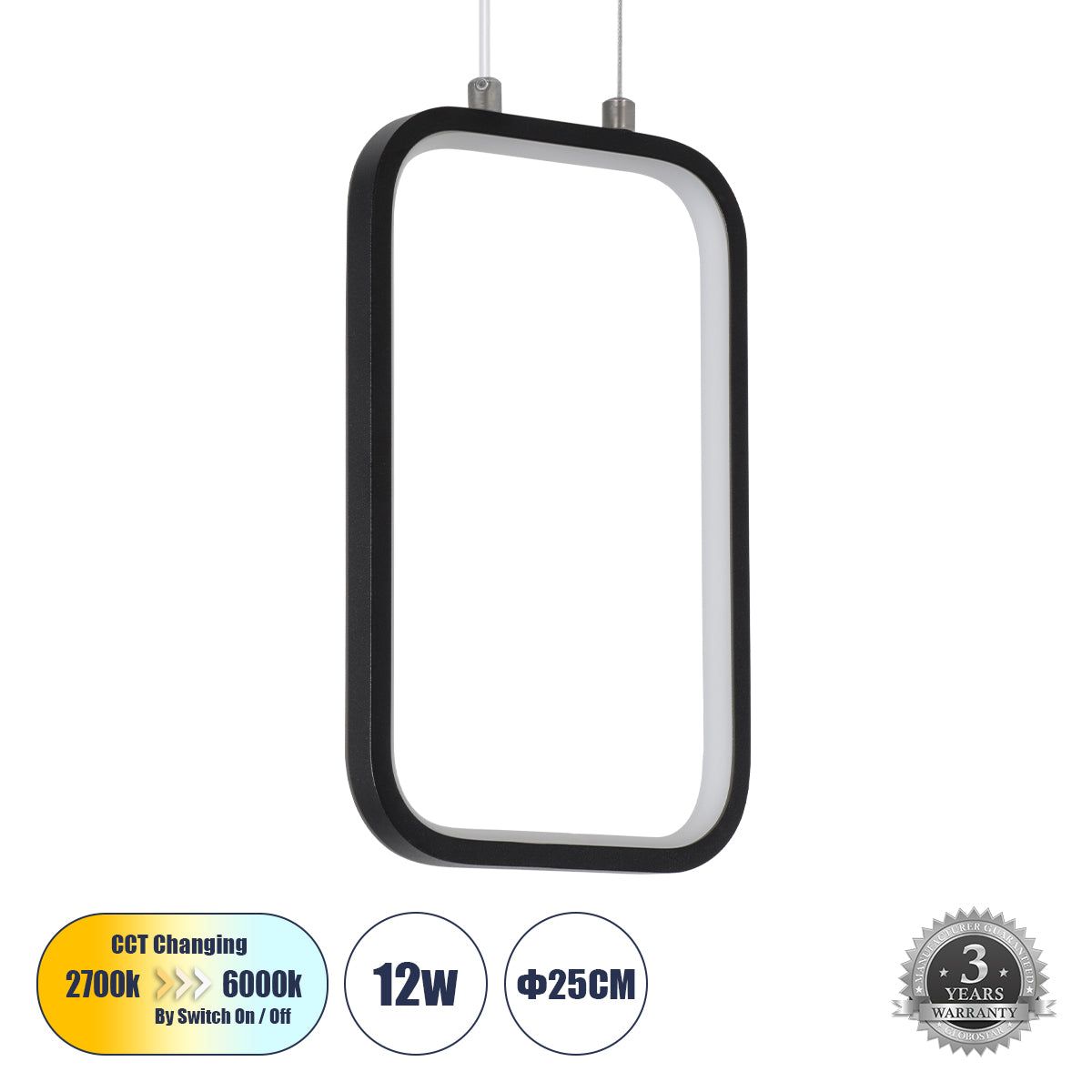 DEROBA 61298 Κρεμαστό Φωτιστικό Οροφής Linear Design LED CCT 12W 1320lm 360° AC 220-240V - Εναλλαγή Φωτισμού μέσω Διακόπτη On/Off All In One Ψυχρό 6000k+Φυσικό 4500k+Θερμό 2700k Μ16 x Π1.6 x Υ25.5cm - Μαύρο