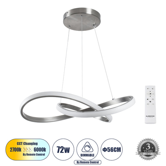 DEXTER 60948 Μοντέρνο Κρεμαστό Φωτιστικό Οροφής LED 72W 8064lm 300° AC 220-240V IP20 Ρυθμιζόμενο Λευκό CCT με Χειριστήριο από 2700K έως 6000K Dimmable - Lumileds SMD Chip - Νίκελ Βούρτσας - Μ56 x Π56 x Υ14