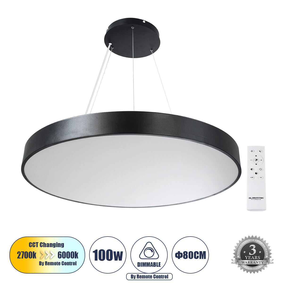 BURTON 61204-P Κρεμαστή Πλαφονιέρα Οροφής LED CCT 100W 11020lm 120° AC 220-240V - Εναλλαγή Φωτισμού μέσω Τηλεχειριστηρίου All In One Ψυχρό 6000k+Φυσικό 4500k+Θερμό 2700k Dimmable Φ80cm - Μαύρο