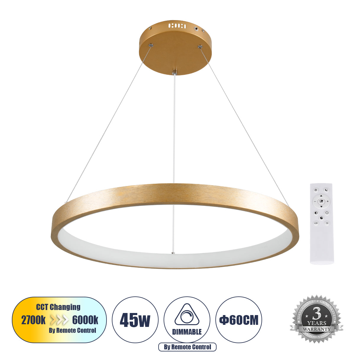 NEMESIS 61160 Μοντέρνο Κρεμαστό Φωτιστικό Οροφής LED 45W 5230lm 360° AC 220-240V IP20 Ρυθμιζόμενο Λευκό CCT με Χειριστήριο από 2700K έως 6000K Dimmable - Lumileds SMD Chip - Χρυσό Βούρτσας - Μ60 x Π60 x Υ4