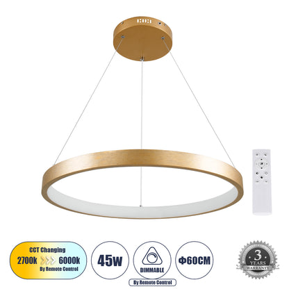 NEMESIS 61160 Μοντέρνο Κρεμαστό Φωτιστικό Οροφής LED 45W 5230lm 360° AC 220-240V IP20 Ρυθμιζόμενο Λευκό CCT με Χειριστήριο από 2700K έως 6000K Dimmable - Lumileds SMD Chip - Χρυσό Βούρτσας - Μ60 x Π60 x Υ4