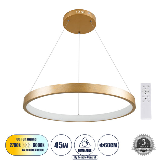 NEMESIS 61160 Μοντέρνο Κρεμαστό Φωτιστικό Οροφής LED 45W 5230lm 360° AC 220-240V IP20 Ρυθμιζόμενο Λευκό CCT με Χειριστήριο από 2700K έως 6000K Dimmable - Lumileds SMD Chip - Χρυσό Βούρτσας - Μ60 x Π60 x Υ4