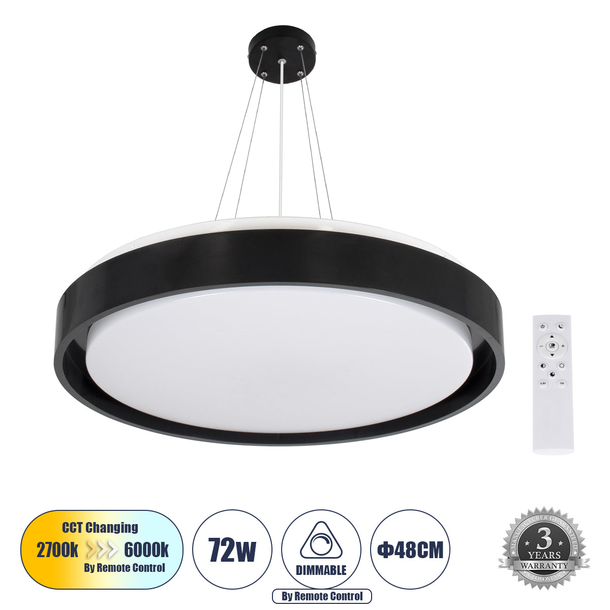 BARCHETTA 61046-P Κρεμαστή Πλαφονιέρα Οροφής LED CCT 72W 8306lm 120° AC 220-240V - Εναλλαγή Φωτισμού μέσω Τηλεχειριστηρίου All In One Ψυχρό 6000k+Φυσικό 4500k+Θερμό 2700k Dimmable Φ48cm - Μαύρο