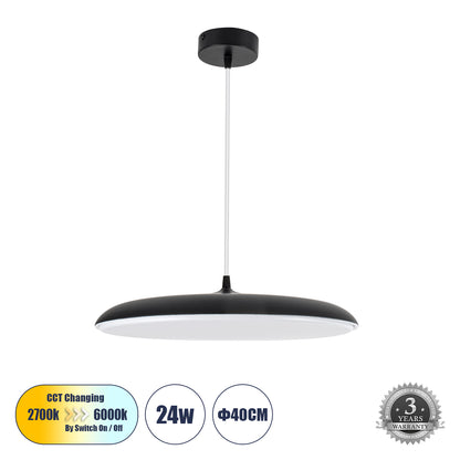 BARON 61254 Κρεμαστή Πλαφονιέρα Οροφής LED CCT 24W 2880lm 120° AC 220-240V - Εναλλαγή Φωτισμού μέσω Διακόπτη On/Off All In One Ψυχρό 6000k+Φυσικό 4500k+Θερμό 2700k Φ40 x Υ10cm - Μαύρο