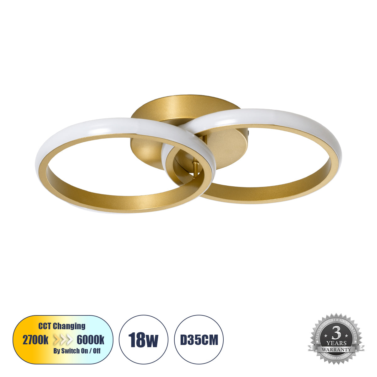 CORA 61060 Φωτιστικό Οροφής Design LED CCT 18W 2160lm 300° AC 220-240V - Εναλλαγή Φωτισμού μέσω Διακόπτη On/Off All In One Ψυχρό 6000k+Φυσικό 4500k+Θερμό 2700k Μ36 x Π20.5 x Υ7cm - Χρυσό Βούρτσας