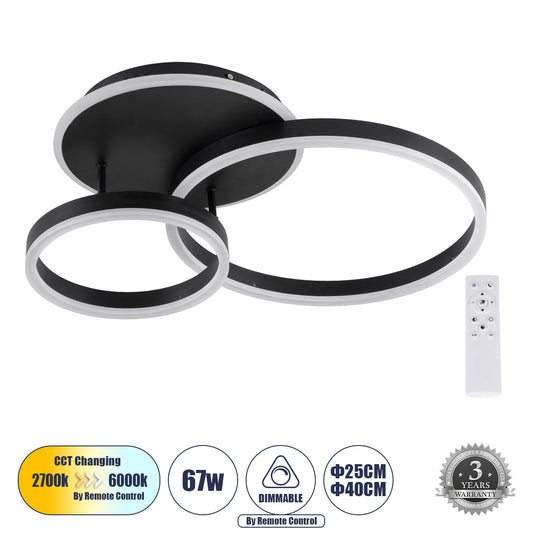 VENOM 61120 Φωτιστικό Οροφής Δαχτυλίδι-Κύκλος LED CCT 67W 8107lm 360° AC 220-240V - Εναλλαγή Φωτισμού μέσω Τηλεχειριστηρίου All In One Ψυχρό 6000k+Φυσικό 4500k+Θερμό 2700k Dimmable Φ25+40cm+BackLight - Μαύρο