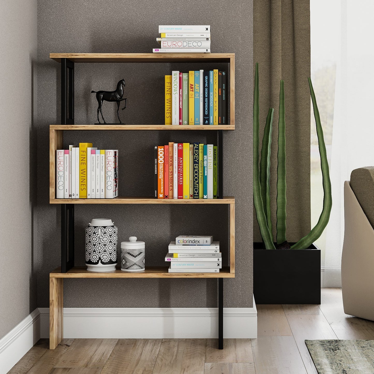 BOOKCASE INGRID WALNUT WITH BLACK FRAME 80x22x128