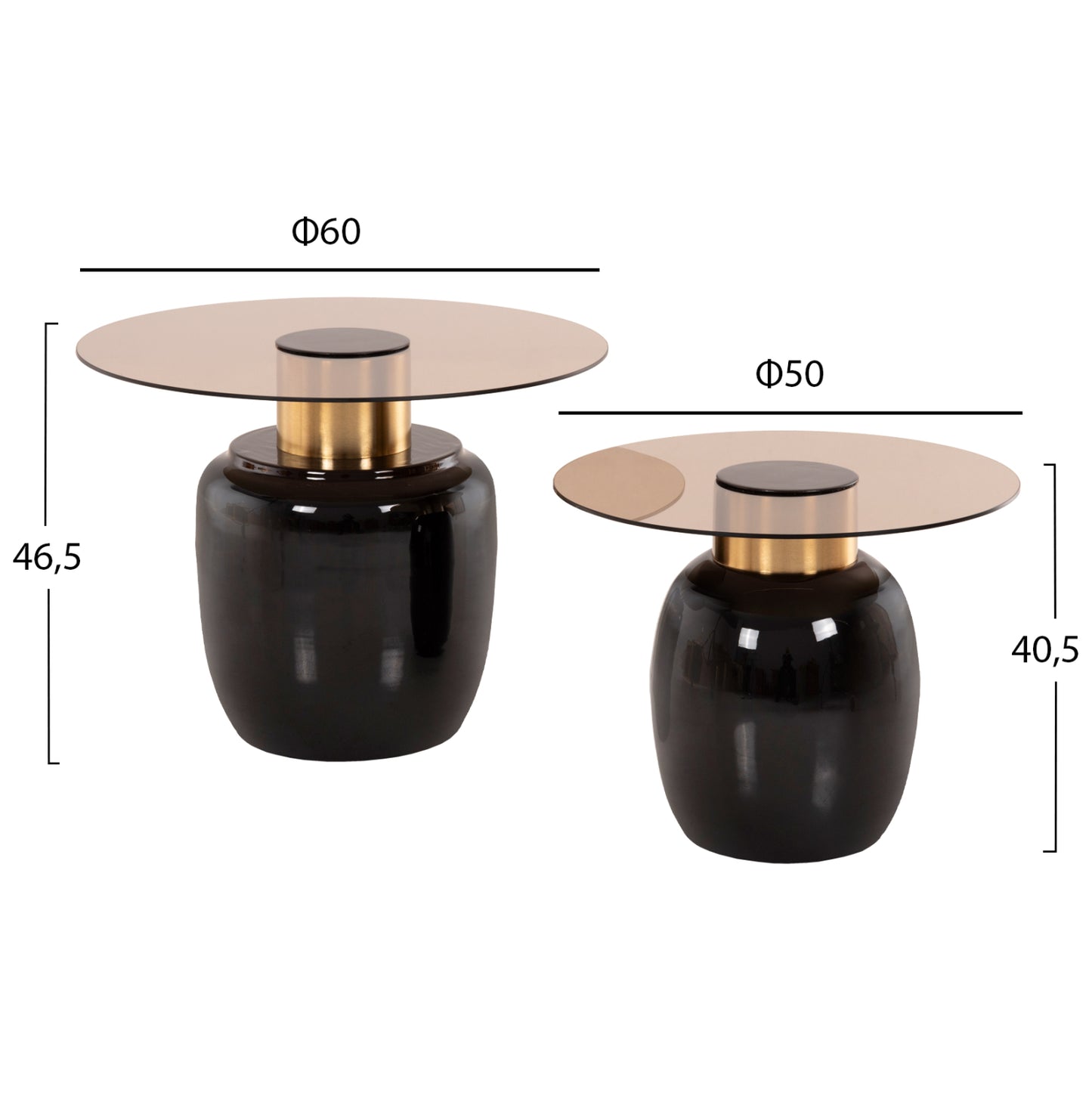SIDE TABLES 2 PCS FRYN METAL IN BROWN & GOLD GLASS Ø60cm & Ø50cm