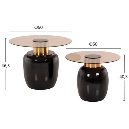 SIDE TABLES 2 PCS FRYN METAL IN BROWN & GOLD GLASS Ø60cm & Ø50cm