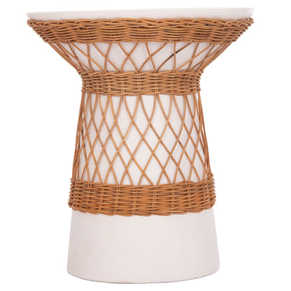 ROUND SIDE TABLE DELIA FIBER CEMENT WHITE & RATTAN Φ40x45