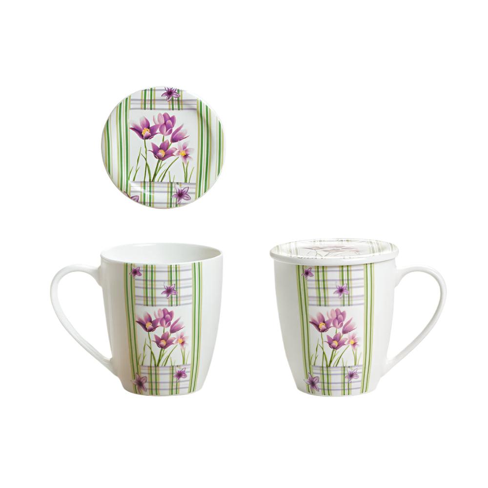 Κούπα Πορσελάνης New Bone 360ml με Καπάκι Σχέδιο Μωβ Κρινάκια