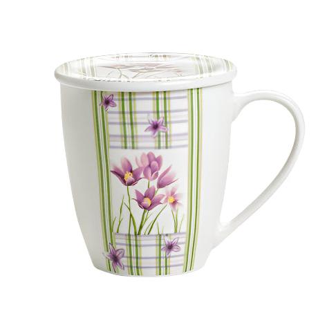 Κούπα Πορσελάνης New Bone 360ml με Καπάκι Σχέδιο Μωβ Κρινάκια