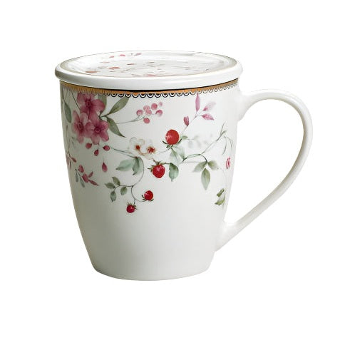 Κούπα Πορσελάνης New Bone 360ml με Καπάκι Σχέδιο Φράουλα Λουλούδια