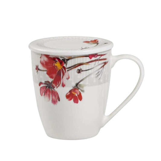 Κούπα Πορσελάνης New Bone 360ml με Καπάκι Σχέδιο Κόκκινοι Κρίνοι