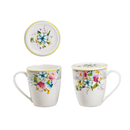 Κούπα Πορσελάνης New Bone 360ml με Καπάκι Σχέδιο Πολύχρωμα Λουλούδια