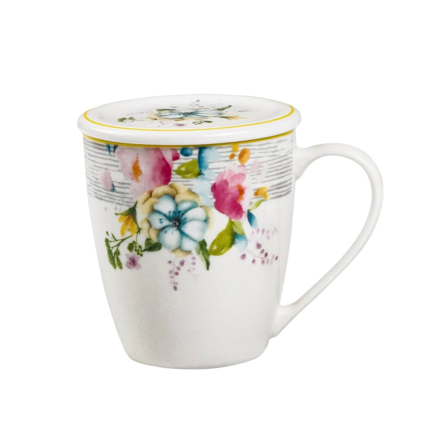 Κούπα Πορσελάνης New Bone 360ml με Καπάκι Σχέδιο Πολύχρωμα Λουλούδια