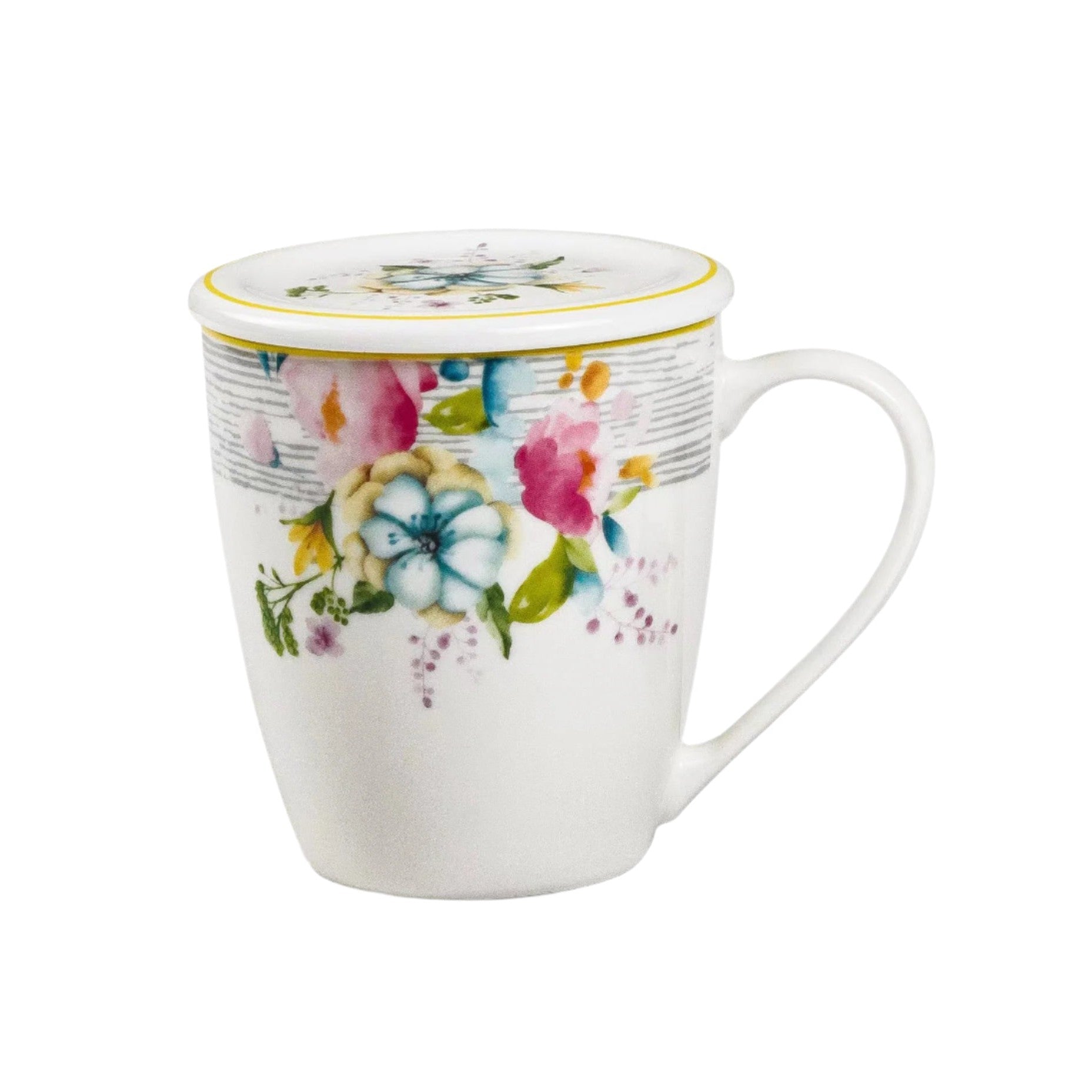 Κούπα Πορσελάνης New Bone 360ml με Καπάκι Σχέδιο Πολύχρωμα Λουλούδια