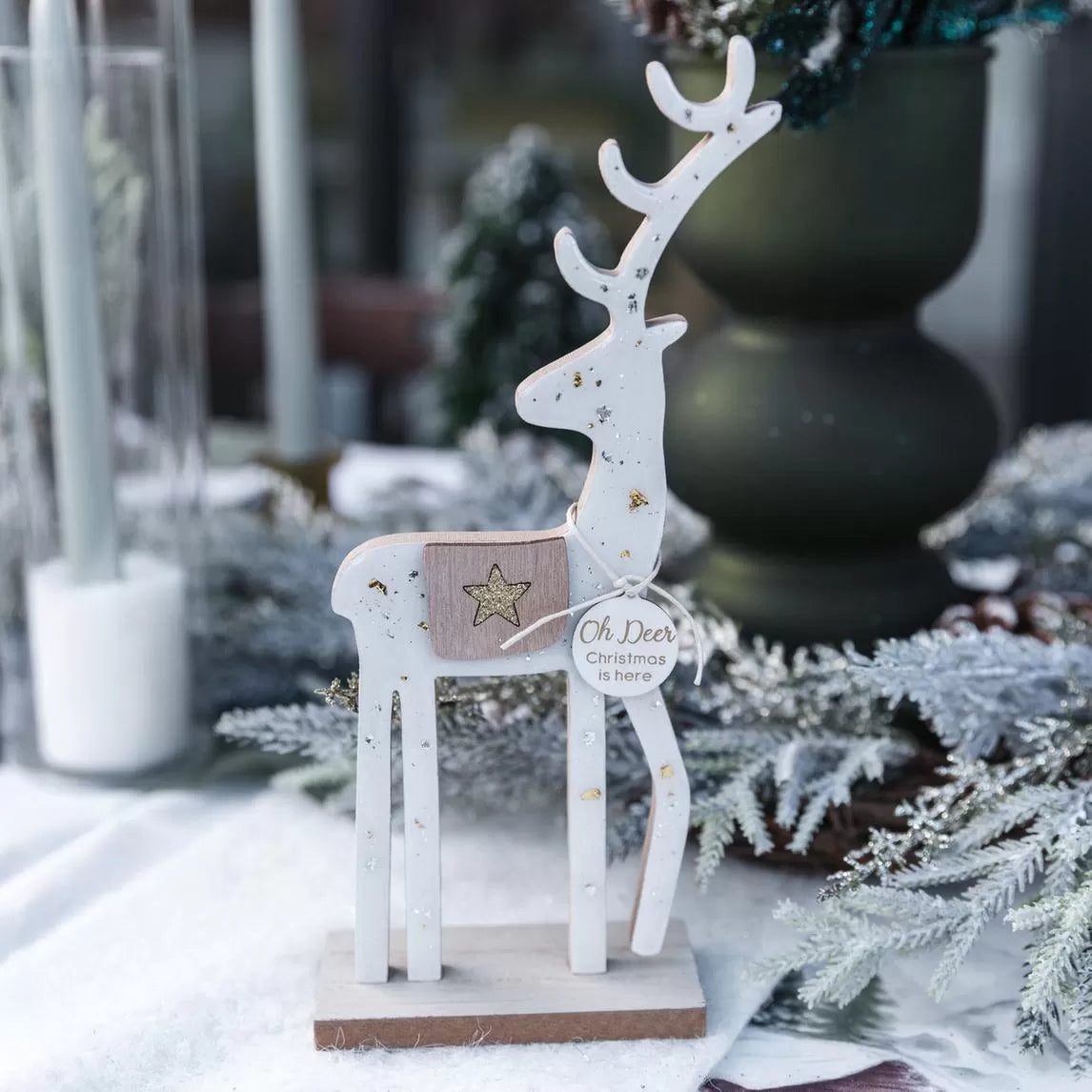 Διακοσμητικός Τάρανδος με Μικρά Αστέρια Λευκό Ξύλο & Χρυσό-Ασημί Γκλίτερ 10x5x25