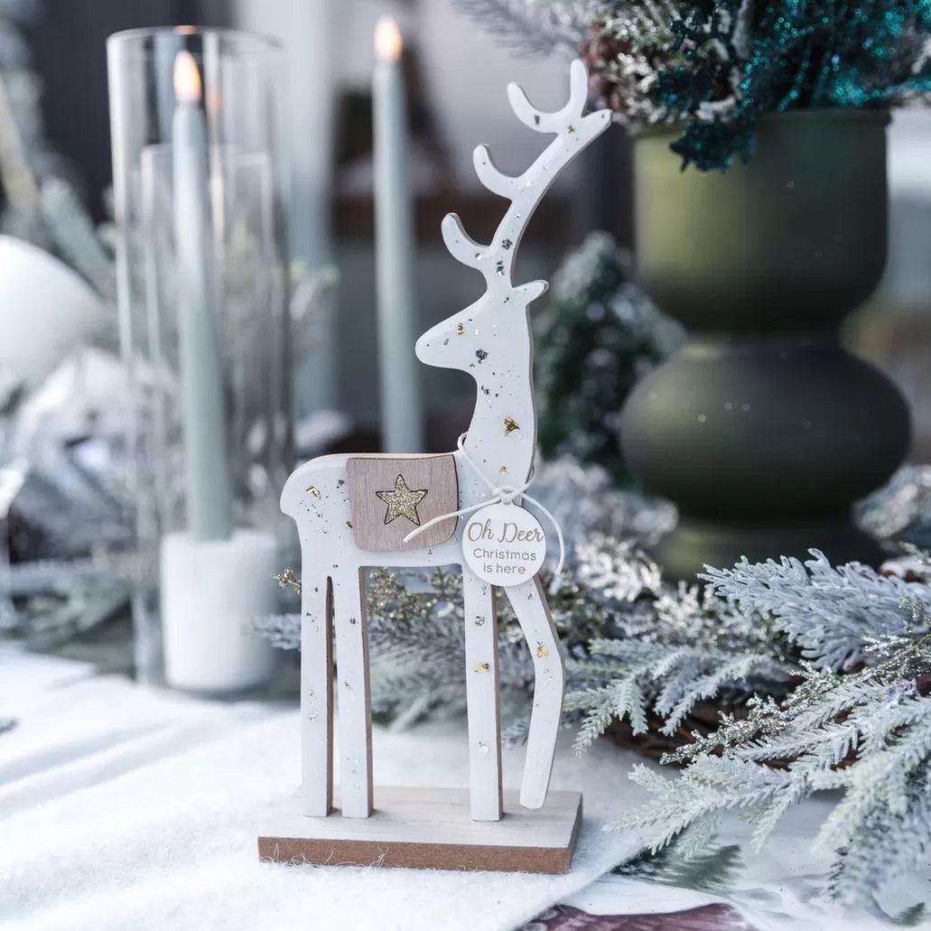 Διακοσμητικός Τάρανδος με Μικρά Αστέρια Λευκό Ξύλο & Χρυσό-Ασημί Γκλίτερ 10x5x25