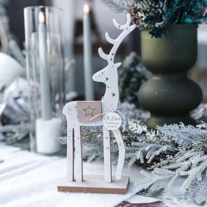 Διακοσμητικός Τάρανδος με Μικρά Αστέρια Λευκό Ξύλο & Χρυσό-Ασημί Γκλίτερ 10x5x25