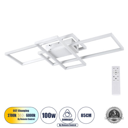 QUADRA 61386 Φωτιστικό Οροφής Design LED CCT 100W 12000lm 120° AC 220-240V - Εναλλαγή Φωτισμού μέσω Τηλεχειριστηρίου All In One Ψυχρό 6000k+Φυσικό 4500k+Θερμό 2700k Dimmable Μ85 x Π45 x Υ9cm - Λευκό