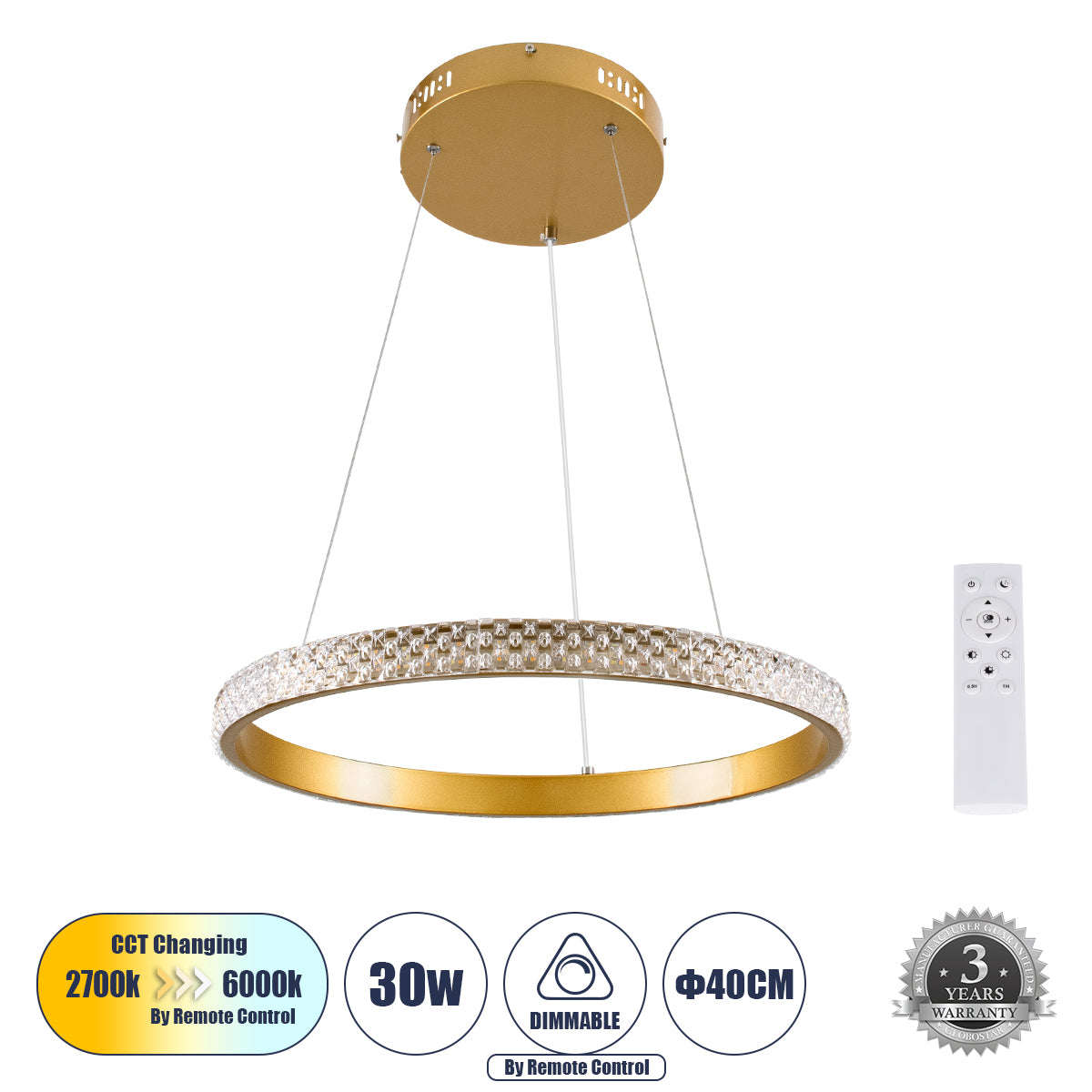 DIAMOND 61129 Κρεμαστό Φωτιστικό Δαχτυλίδι-Κύκλος LED CCT 30W 3513lm 360° AC 220-240V - Εναλλαγή Φωτισμού μέσω Τηλεχειριστηρίου All In One Ψυχρό 6000k+Φυσικό 4500k+Θερμό 2700k Dimmable Φ40cm - Χρυσό Βούρτσας