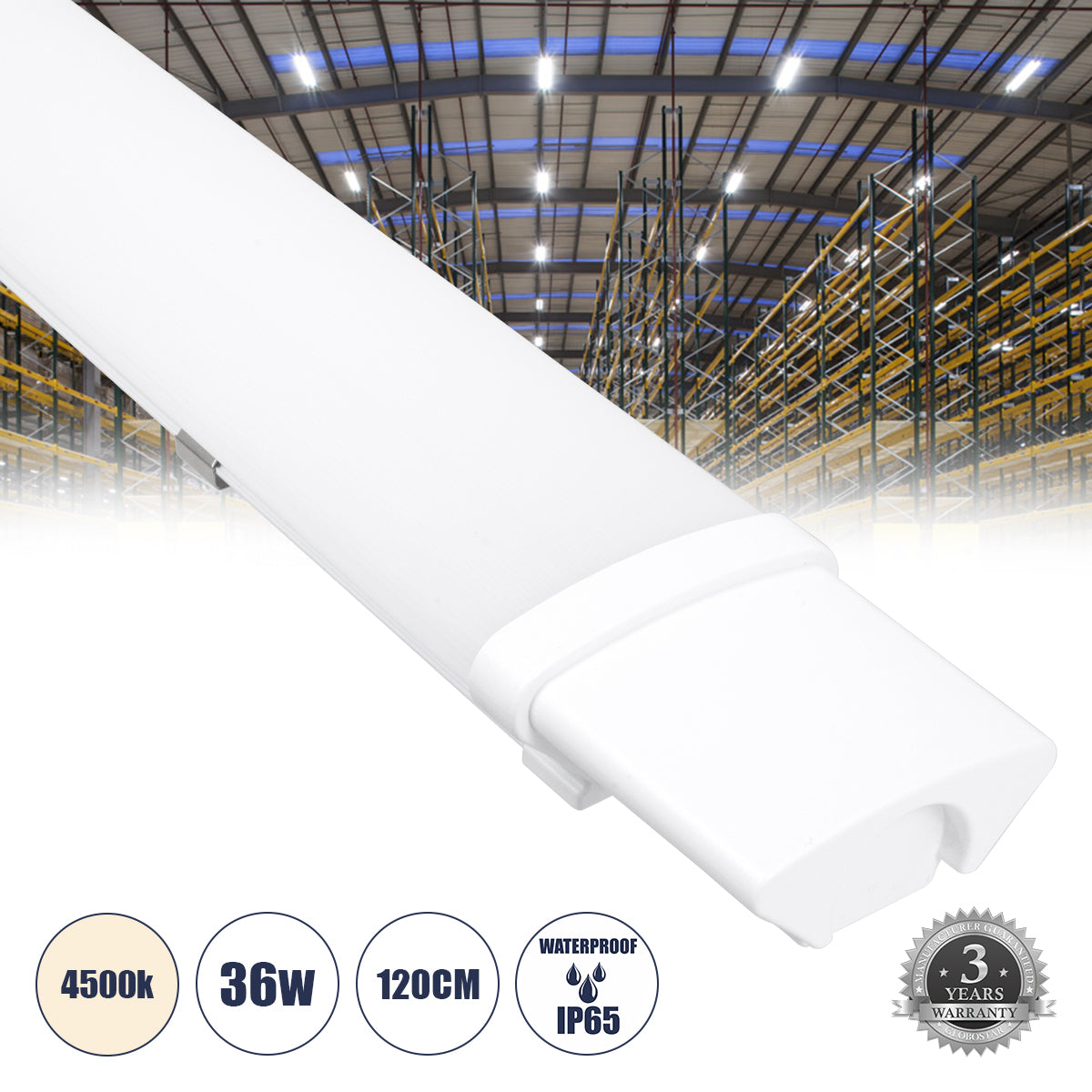 60165 LED Γραμμικό Βιομηχανικό Φωτιστικό Tri-Proof 120cm 36W 3987lm 120° AC 220-240V Αδιάβροχο IP65 Μ120 x Π6 x Υ4cm Φυσικό Λευκό 4500K