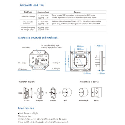 71455 S1-K SKYDANCE AC Smart RF 2.4Ghz & Ροοστάτη - Push ON/OFF Triac Dimming AC100-240V σε AC100-240V 1 x 1.5A 360W - Max 1.5A 360W - IP20 - Μαύρο Σώμα - Μ8.5 x Π8.5 x Υ5cm