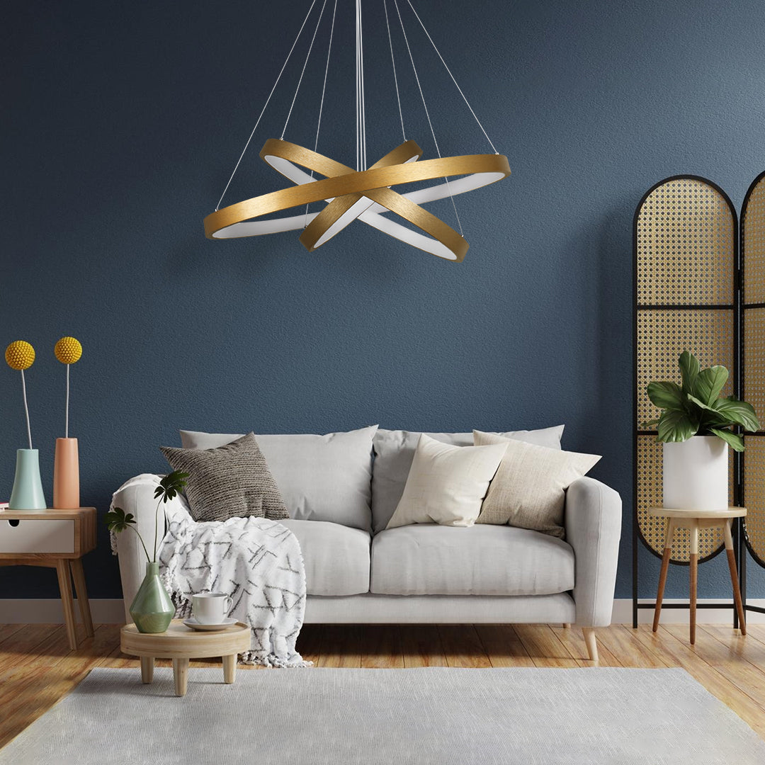 NEMESIS TRIO 61172-DECO Μοντέρνο Κρεμαστό Φωτιστικό Οροφής LED 120W 14723lm 360° AC 220-240V IP20 Ρυθμιζόμενο Λευκό CCT με Χειριστήριο από 2700K έως 6000K Dimmable - Lumileds SMD Chip - Χρυσό Βούρτσας - Μ40 x Π60 x Υ80