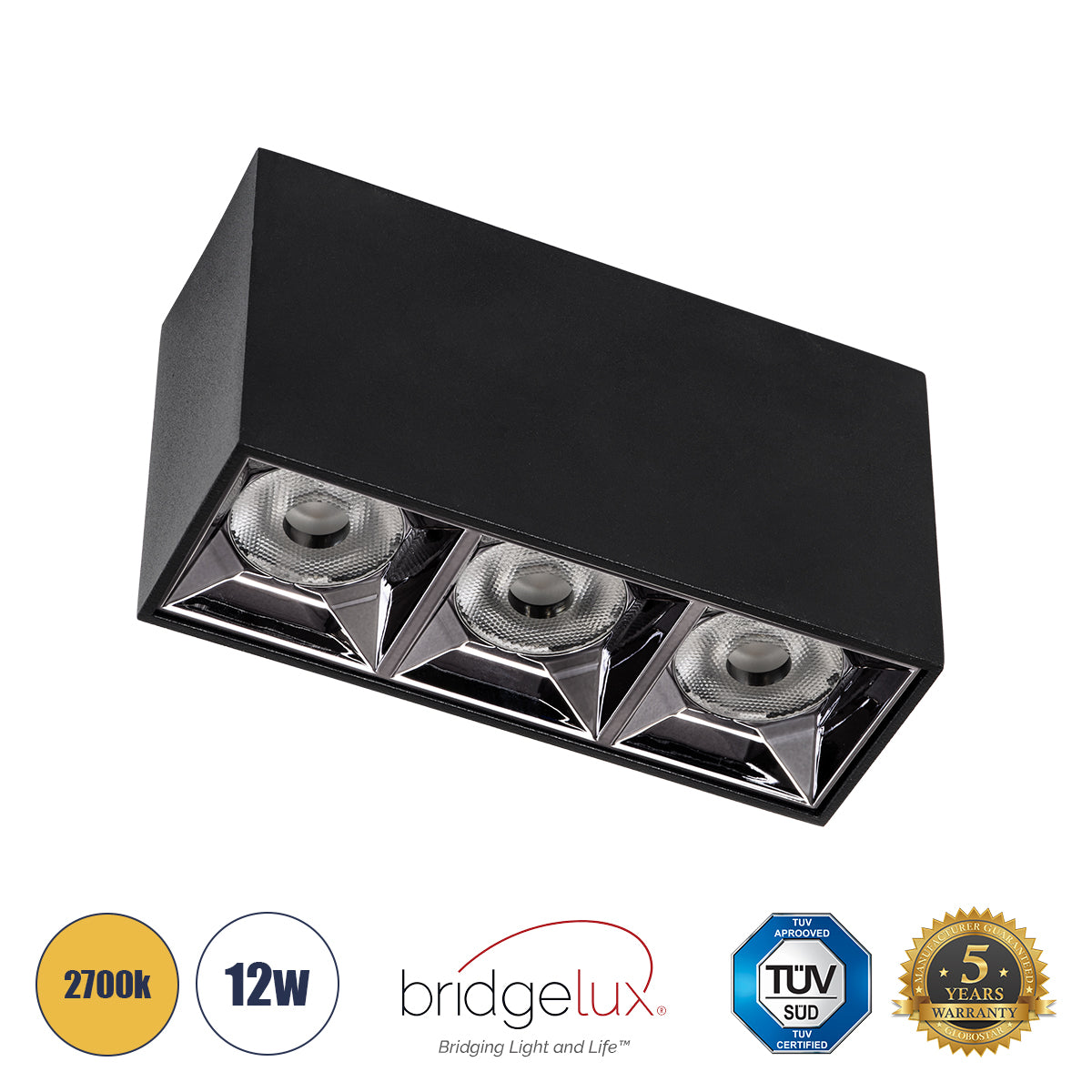 LUMINAR SUPERIOR 60325 Επιφανειακό LED Spot Downlight TrimLess 12W 1620lm 36° AC 220-240V IP20 Μ11.8 x Π4.2 x Υ6.6cm - Μαύρο με Κάτοπτρο Χρωμίου - Θερμό Λευκό 2700K - Bridgelux High Lumen Chip Gen2 - TÜV Certified Driver