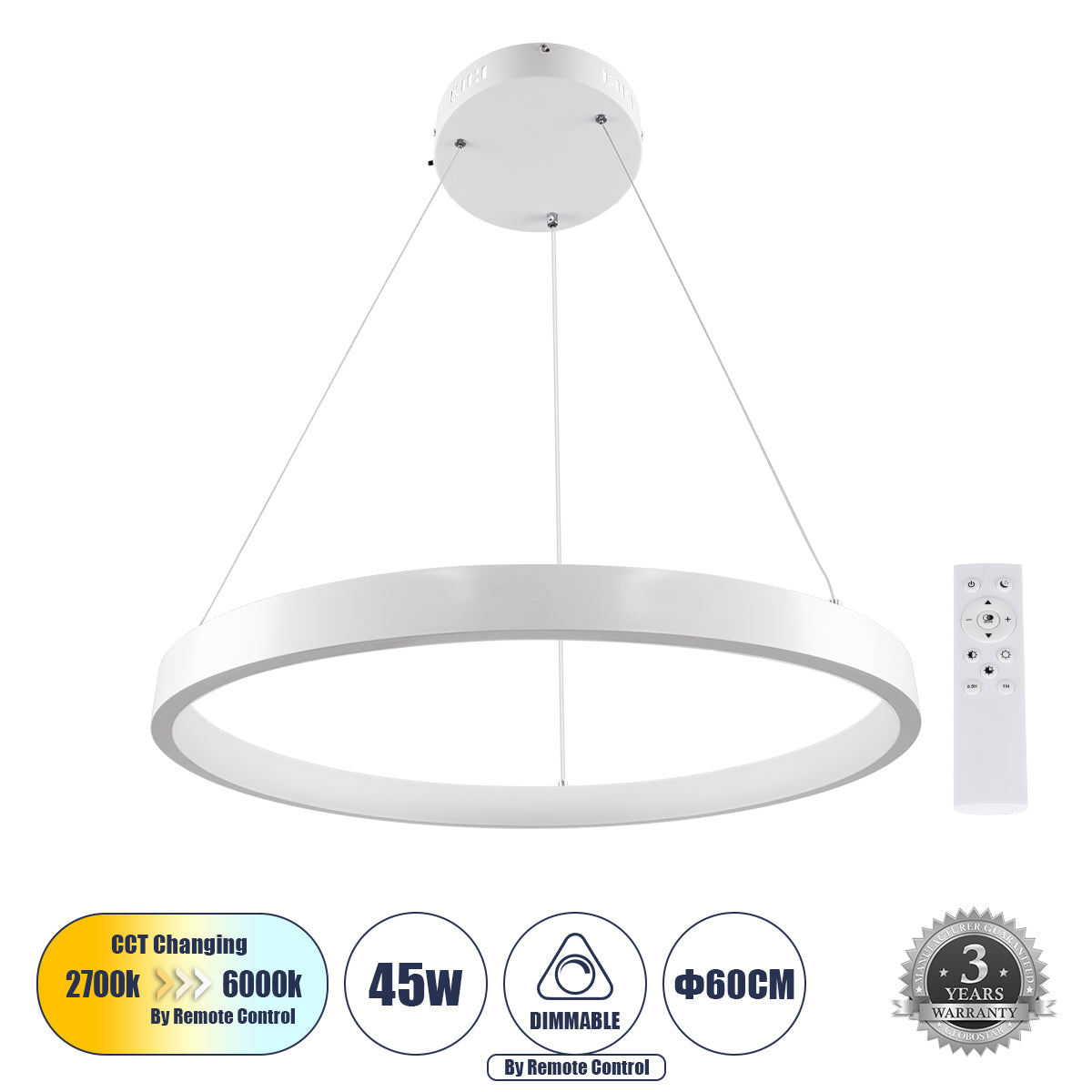 NEMESIS 61159 Κρεμαστό Φωτιστικό Δαχτυλίδι-Κύκλος LED CCT 45W 5230lm 360° AC 220-240V - Εναλλαγή Φωτισμού μέσω Τηλεχειριστηρίου All In One Ψυχρό 6000k+Φυσικό 4500k+Θερμό 2700k Dimmable Φ60cm - Λευκό