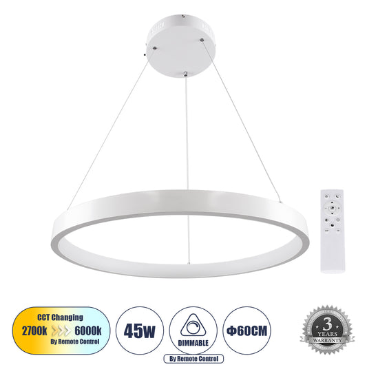 NEMESIS 61159 Κρεμαστό Φωτιστικό Δαχτυλίδι-Κύκλος LED CCT 45W 5230lm 360° AC 220-240V - Εναλλαγή Φωτισμού μέσω Τηλεχειριστηρίου All In One Ψυχρό 6000k+Φυσικό 4500k+Θερμό 2700k Dimmable Φ60cm - Λευκό