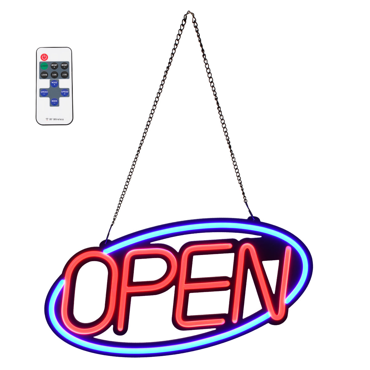 85860 Φωτιστικό Ταμπέλα Φωτεινή Επιγραφή NEON LED Σήμανσης Animated Ovale OPEN 30W AC 230V με Διακόπτη On/Off και Ασύρματο Χειριστήριο IR Μπλε - Κόκκινο