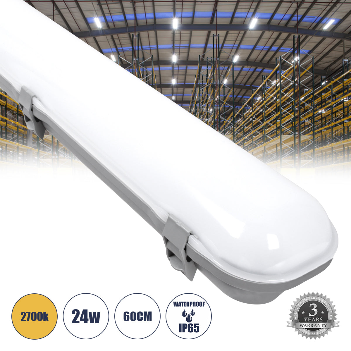 60172 LED Γραμμικό Βιομηχανικό Φωτιστικό Tri-Proof 60cm 24W 2690lm 120° AC 220-240V Αδιάβροχο IP65 Μ60 x Π10.5 x Υ8cm Θερμό Λευκό 2700K