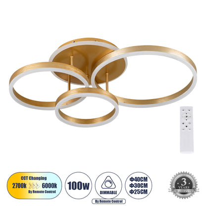 VENOM 61125 Μοντέρνο Φωτιστικό Οροφής LED 100W 12100lm 360° AC 220-240V IP20 Ρυθμιζόμενο Λευκό CCT με Χειριστήριο από 2700K έως 6000K Dimmable - Lumileds SMD Chip - Χρυσό Βούρτσας - Μ70 x Π40 x Υ16