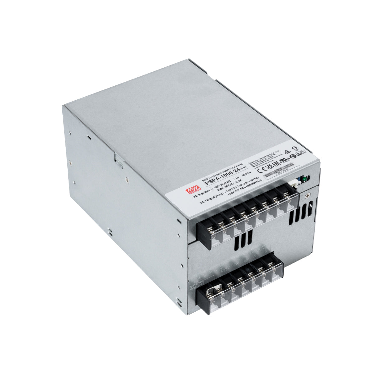MEANWELL-PSPA1000-24 90792 Τροφοδοτικό/Μετασχηματιστής Class I PELV 1000W 42A AC 220-240V σε DC 24V IP20 - Ρυθμιζόμενo από DC 22V έως DC 28V - Ασημί - Μ17 x Π12 x Υ9.3