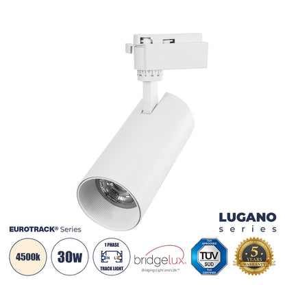 LUGANO 60813 Μονοφασικό Φωτιστικό Σποτ Ράγας LED 30W 3750lm 36° Acrylic HQ LENS AC 220-240V IP20 Φ7.5 x Υ22.7cm Φυσικό Λευκό 4500K - EUROTRACK® System 1L+1N - Λευκό - Bridgelux Chip - TÜV Certified Driver