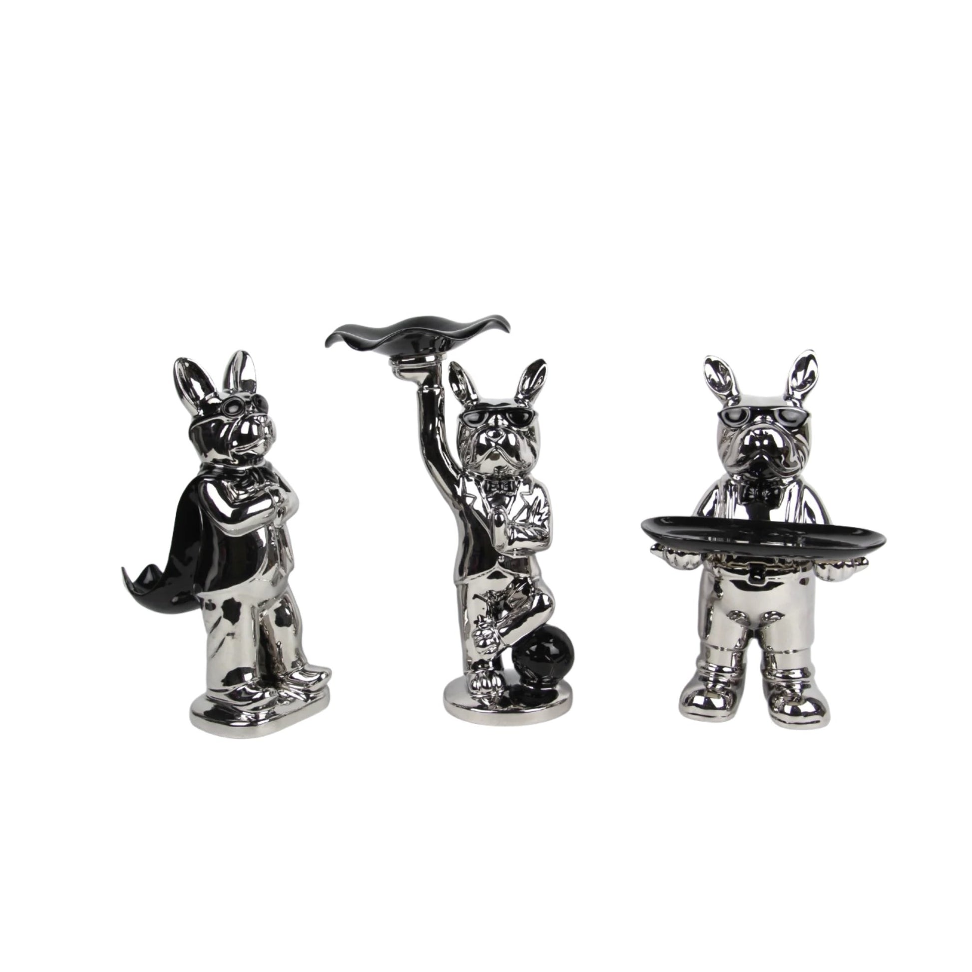 Κεραμικό Διακοσμητικό Σκυλάκι Ασημί με Μαύρη Κάπα 32εκ